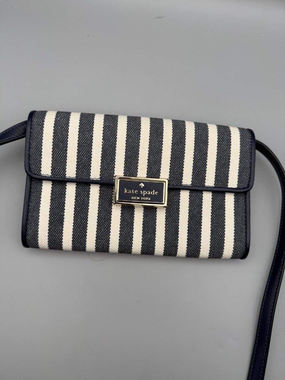 Kate Spade Reegan Canvas Wallet Crossbody Striped Blue White Gold Emblem Magnet